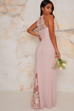 Chi Chi Petite Lace Bridesmaid Bodycon Maxi Dress In Pink Blush