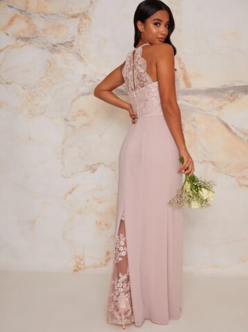 Chi Chi Petite Lace Bridesmaid Bodycon Maxi Dress In Pink Blush