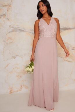 Chi Chi Petite Lace Bridesmaid Bodycon Maxi Dress In Pink Blush