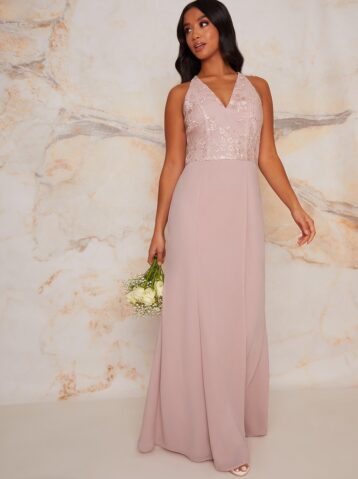 Chi Chi Petite Lace Bridesmaid Bodycon Maxi Dress In Pink Blush