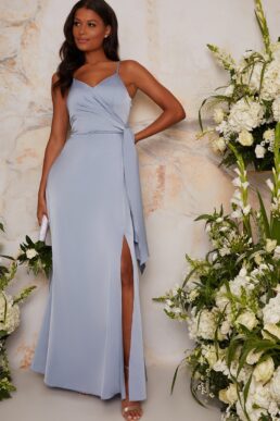 Chi Chi Satin Bridesmaid Wrap Style Maxi Dress In Blue Lilac