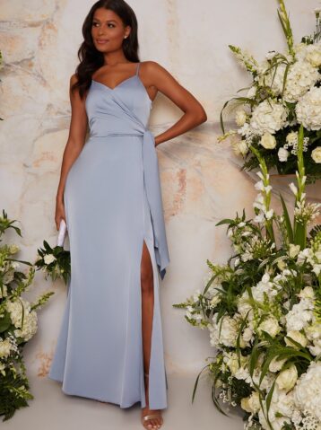 Chi Chi Satin Bridesmaid Wrap Style Maxi Dress In Blue Lilac