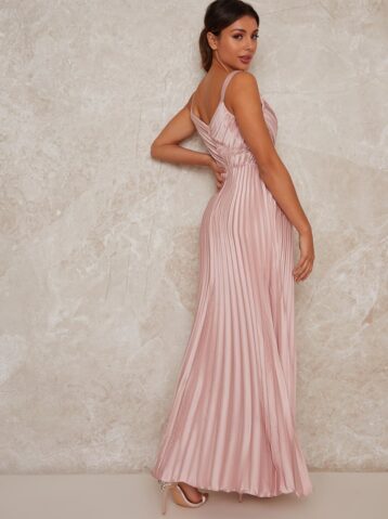 Chi Chi Satin Pleated Wrap Maxi Dress In Pink Blush