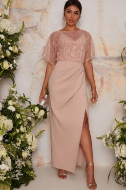 Chi Chi Sequin Bridesmaid Maxi Dress With Wrap Detail In pink Blush