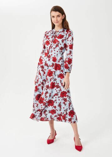 Hobbs Polly Floral Midi Sleeve Dress Light Blue Red