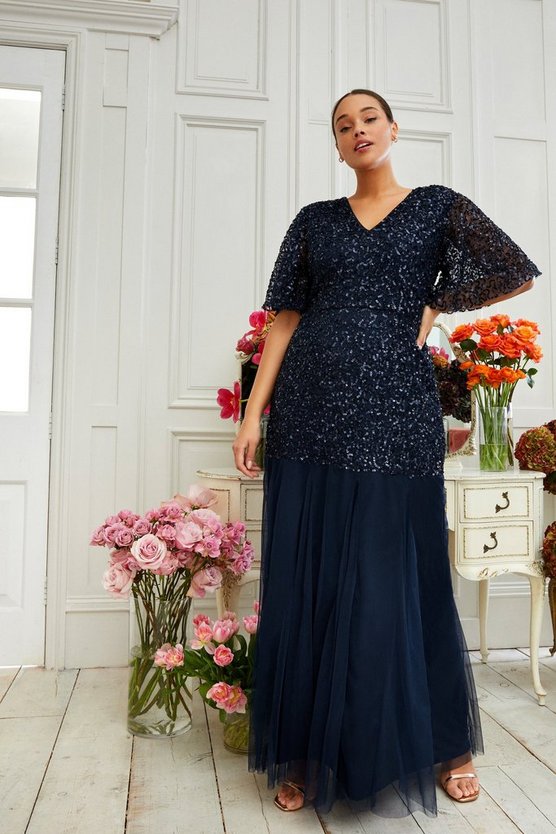 Curve Angel Sleeve Sequin Maxi Dress