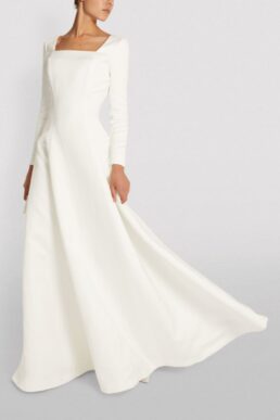 Alexis Mabille Satin Sleeve Square Neck Maxi Bridal Dress White