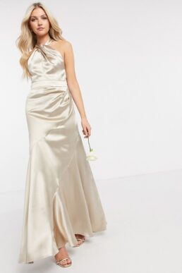 ASOS DESIGN Bridesmaid satin halter maxi dress with panelled skirt and keyhole detail Oyster