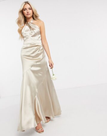ASOS DESIGN Bridesmaid satin halter maxi dress with panelled skirt and keyhole detail Oyster