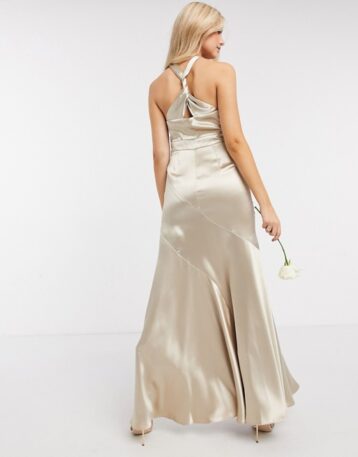 ASOS DESIGN Bridesmaid satin halter maxi dress with panelled skirt and keyhole detail Oyster - Image 2
