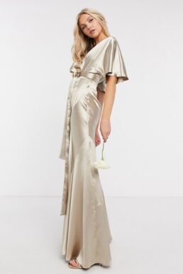 ASOS DESIGN Bridesmaid satin kimono sleeve maxi dress with panelled skirt and belt in Oyster