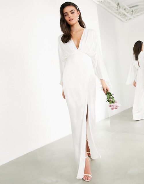 Asos edition pleated plunge sales wrap wedding dress in satin