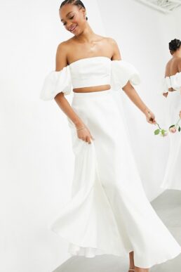 ASOS EDITION Bridal satin bandeau crop top and full maxi skirt in Ivory co ord