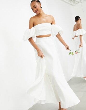 ASOS EDITION Bridal satin bandeau crop top and full maxi skirt in Ivory co ord