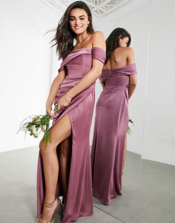 ASOS EDITION satin bardot drape wrap maxi dress orchid purple