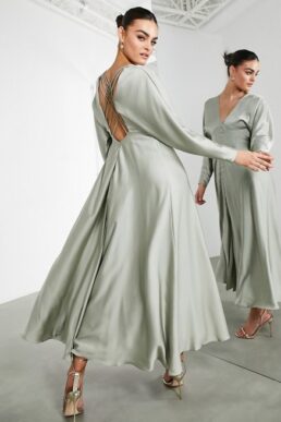 ASOS EDITION satin lattice back midi dress in sage green