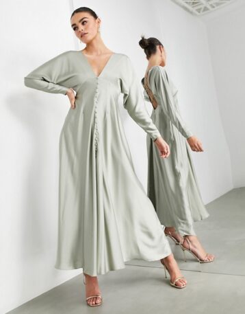 ASOS EDITION satin lattice back midi dress in sage green - Image 2