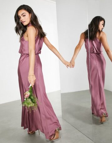 ASOS EDITION satin ruched halter neck maxi dress in orchid purple