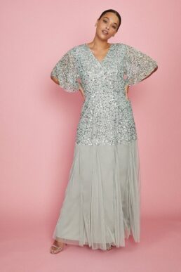 Coast Curve Sequin Angel Sleeve Maxi Dress Sage silver