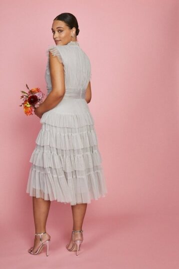 Coast Curve Tulle Tiered Frill Sleeve Bridesmaid Dress, Silver - Image 2