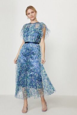 Coast Lace Mesh Printed Dress With Pleated Skirt Blue Multi