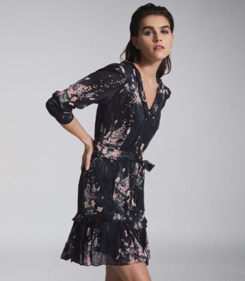 Reiss Shannon Floral Printed Midi Dress Print Navy Blue Multi