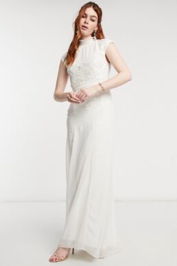 Hope & Ivy Bridal floral beaded and embroidered maxi dress with open back in ivory