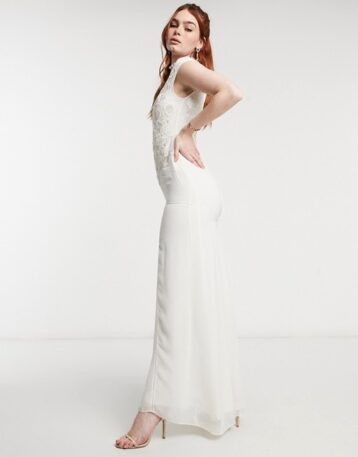 Hope & Ivy Bridal floral beaded and embroidered maxi dress with open back in ivory - Image 2