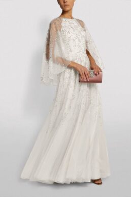 Jenny Packam Sequin-Embroidered Capelet Gown Ivory Silver
