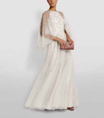 Jenny Packam Sequin-Embroidered Capelet Gown Ivory Silver