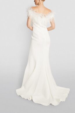 Jovani Feather-Trim Off-The-Shoulder Gown White