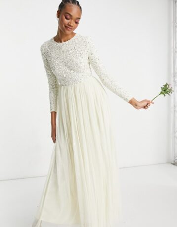 Maya Bridal long sleeved maxi dress with delicate sequin and tulle skirt in ecru white - Image 2