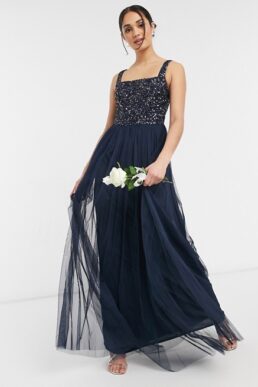 Maya Bridesmaid sleeveless square neck maxi tulle dress with tonal delicate sequin overlay in navy