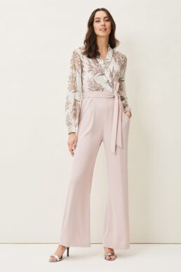 Phase Eight Gracen Palm Print Bodice Jumpsuit Light Pink Blush White