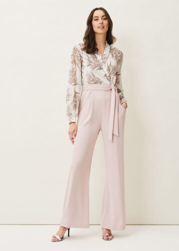 Phase Eight Gracen Palm Print Bodice Jumpsuit Light Pink Blush White