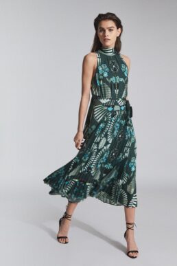 Reiss Eddie Printed Midi Dress Green Multi