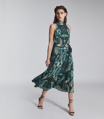 Reiss Eddie Printed Midi Dress Green Multi