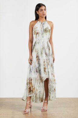Ted Baker PETTRAA Vanilla dip hem pleated dress White Multi