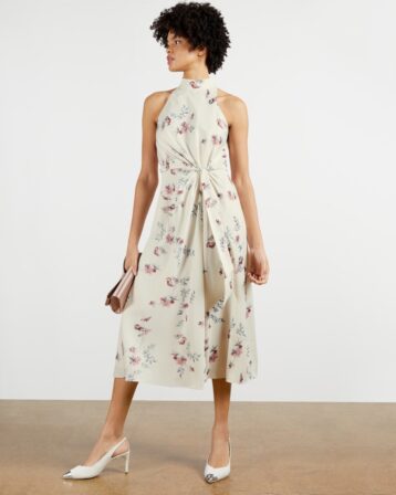 Ted Baker ZOEEEY Halterneck Occasion Midi Dress Natural Multi