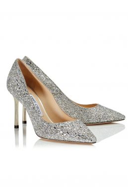 Jimmy Choo ROMY 85 Champagne Coarse Glitter Fabric Pointy Toe Pumps