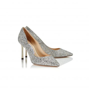 Jimmy Choo ROMY 85 Champagne Coarse Glitter Fabric Pointy Toe Pumps