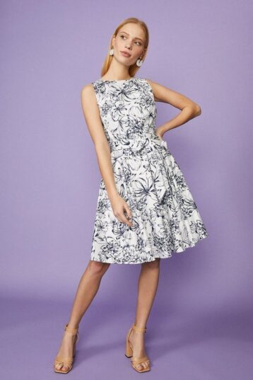 Coast Cotton Fit And Flare Floral Print Dress White Navy Blue