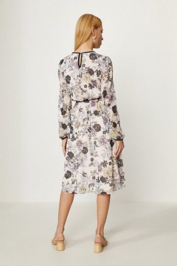 Coast Key Hole Floral Print Sleeve Dress, Multi/Neutral - Image 3