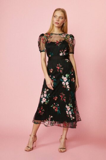 Coast Puff Sleeve Embroidered Floral Dress Black Multi