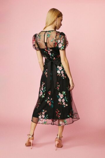 Coast Puff Sleeve Embroidered Floral Dress Black Multi