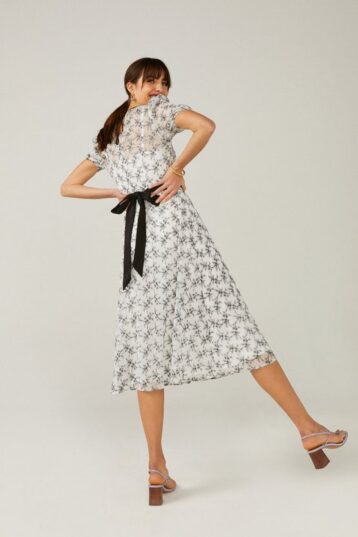 Coast Puff Sleeve Embroidered Floral Dress, White/Black - Image 2