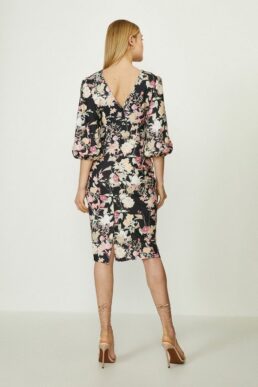 Coast Puff Sleeve Floral Print Shift Dress Black Multi