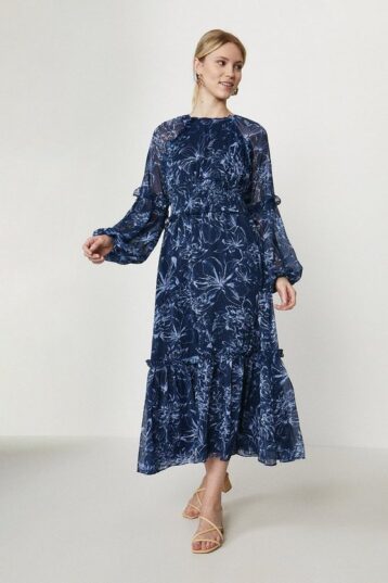 Coast Ruched Waist Frill Midi Dress, Navy blue - Image 2
