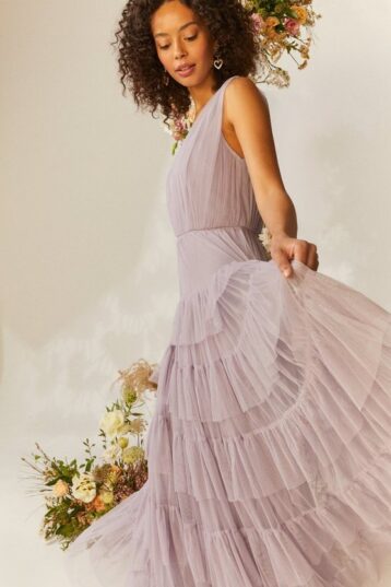 Coast Tulle Tiered Maxi Bridesmaid Dress Lilac Light Purple Grey