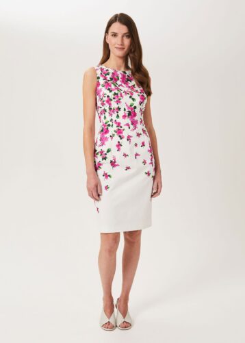 Hobbs Fiona Cotton Blend Shift Dress Ivory Fuchsia Pink